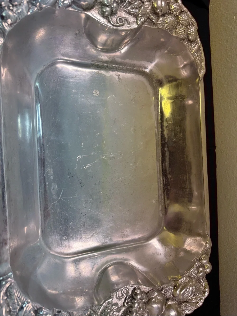 Vintage Rectangular Pewter Serving Tray with Ornate Fruit Motif Handles